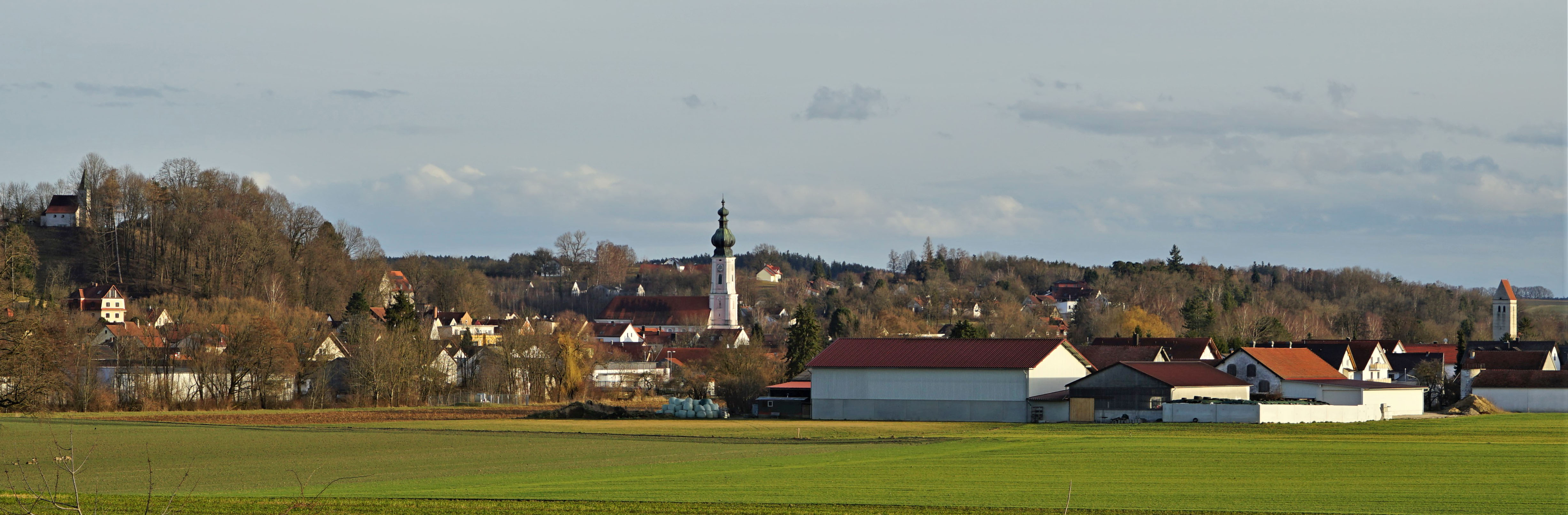 Wartenberg vom Isarkanal mit der Pfarrkirche im Mittelpunkt